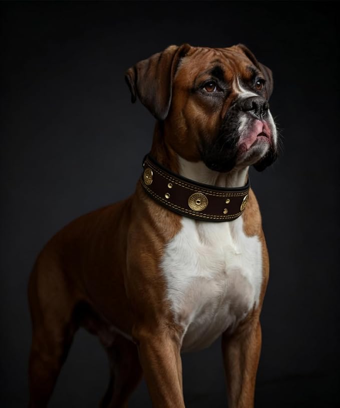 Leather Dog Collar, 2 inches Wide Heavy Duty Genuine Leather Collars, Handmade, Soft, and Luxury, Eye-catching Best Choice for Large and Medium Breed Dogs,Brown-Gold 18.5-22.5 in