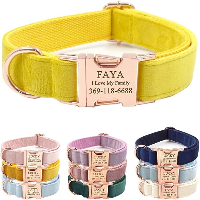 PETDURO Custom Dog Collar Personalized with Name Engraved Quick Release Rose Gold Metal Buckle for Large Medium Small Girl Dogs - Dog Leash and Bow Tie Available - Soft Comfy Velvet (Yellow, M)