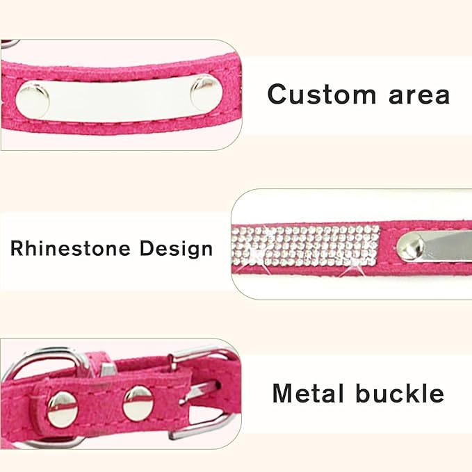 Personalized Dog Collar with Rhinestone Name Tag - Glitter Polyester Collar Adjustable [Rose Red，L]