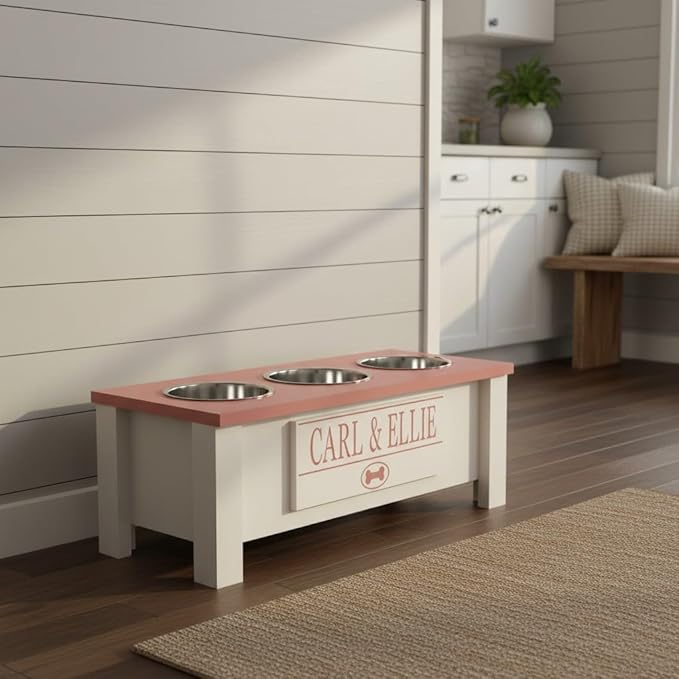 GTW Personalized Elevated Triple Dog Bowl Stand for Large, Medium, Small, X-Small Dogs - 3 Stainless Steel Food and Water Bowls - Raised Dog Dish with Internal Storage (Medium, Pink)