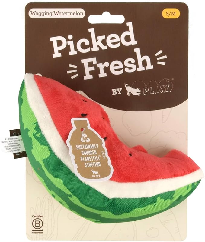 P.L.A.Y. Cute Plush Dog Toys - Tropical Paradise Summer Food Themed Durable Squeaker Chew Toy, Great for Puppies & Small, Medium, Large Dogs - Machine Washable, Recycled Materials (Wagging Watermelon)