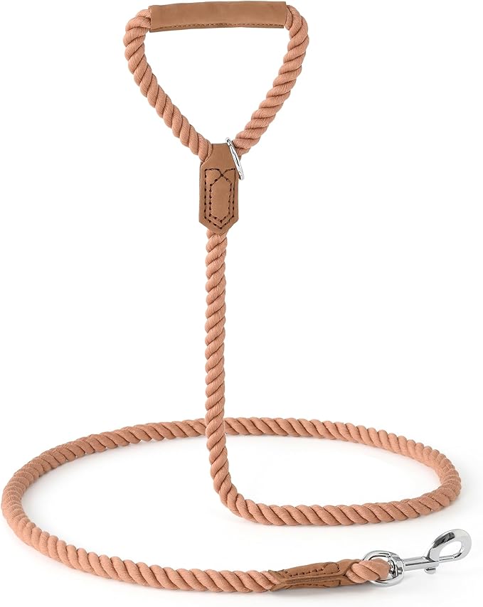 Mile High Life Dog Leash, Braided Cotton Rope Leashes with Leather Handle - Heavy Duty Metal Clasp, 5FT, 1/2" Thick - Wedding, Walking & Training Leash for Small Medium Large Dogs (Mocha Mousse)