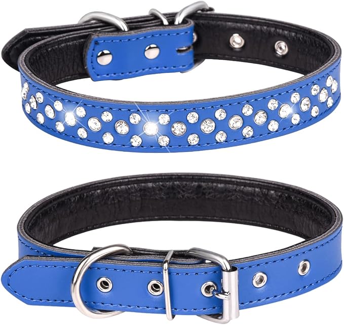 Rhinestones Dog Collar, Adjustable Sparkly Crystal Studded Genuine Leather Pet Dog Collar for Small and Medium Breeds (M fit Neck 12-15", Dark Blue)