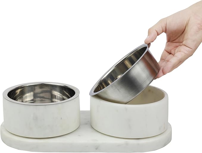 DBL1000B Marbre Small/Medium Modern Weighted Double Marble and Stainless Steel Bowl 12oz (1.5 Cups) Feeder with Non-Slip Marble Tray Set, White