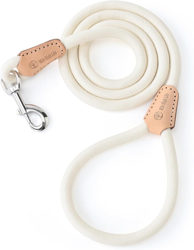 Mile High Life Dog Leash, Rope Leash with Genuine Leather Connection and Heavy Duty Metal Clasp, Great for Small Medium Large Dogs(Cream White,60 Inch)
