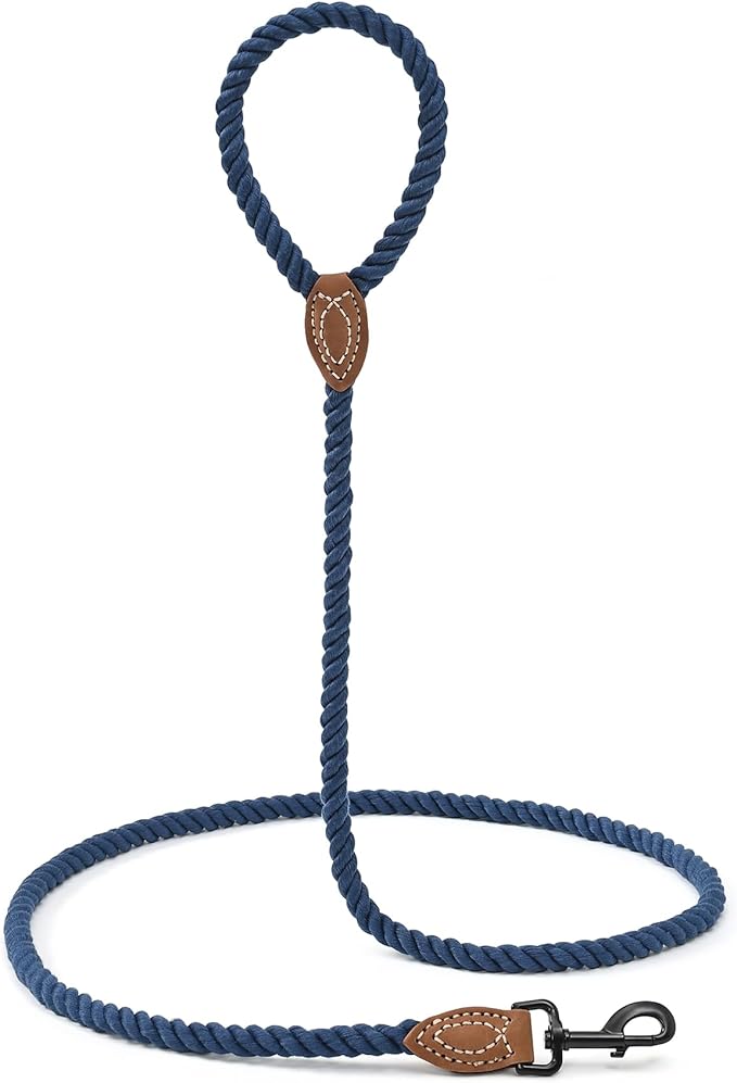 Mile High Life Dog Leash, Braided Cotton Rope Leashes with Leather Tailor Tip with Leather Tip - Heavy Duty Metal Clasp, 6FT, 1/2" Thick - Wedding, Walking Leash for Medium Large Dogs(Navy)