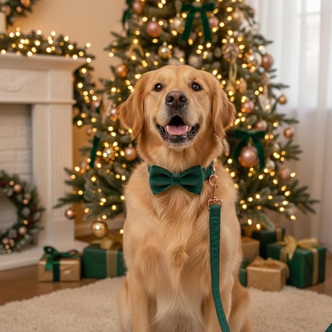 PETDURO Custom Dog Collar Personalized with Name Engraved Rose Gold Metal Buckle for Large Medium Small Dogs - Soft Cute Velvet Dog Leash and Bow Tie Available (Christmas Green RG, S)
