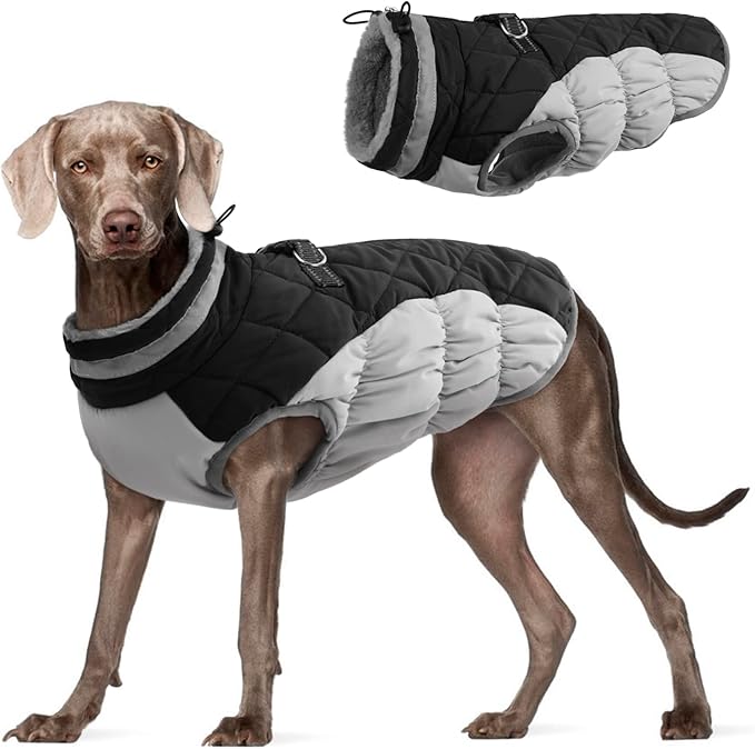 FUAMEY Dog Coat for Large Dogs,Waterproof Dog Winter Jacket with Harness Built in Puppy Cold Weather Coats Reflective Pet Vest with Zipper Warm Fleece Dogs Snowsuit Windproof Black XL