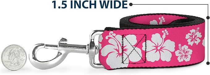 Dog Leash Hibiscus Neon Pink White 4 Feet Long 0.5 Inch Wide