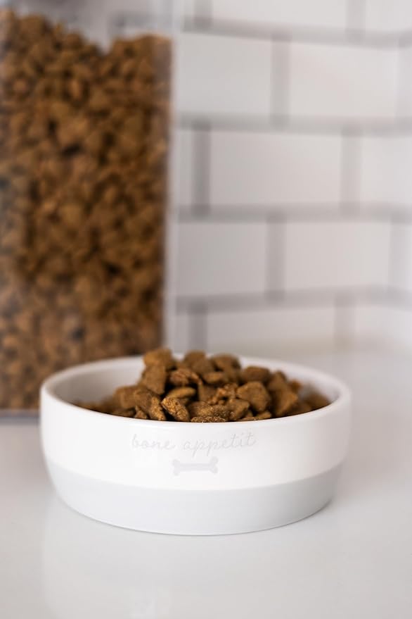 Pearhead Ceramic Bone Appétit Dog Bowl, Holds 2 Cups, Stoneware Food and Water Dish, Grey and White Pet Feeder, Small/Medium