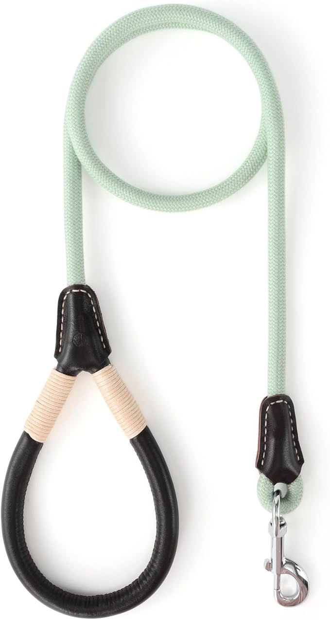 Mile High Life Genuine Leather Wrapped Handle Dog Leash, w Heavy Duty Clasp Rope Leash for Small Medium Large Dogs (Green, 6FT)