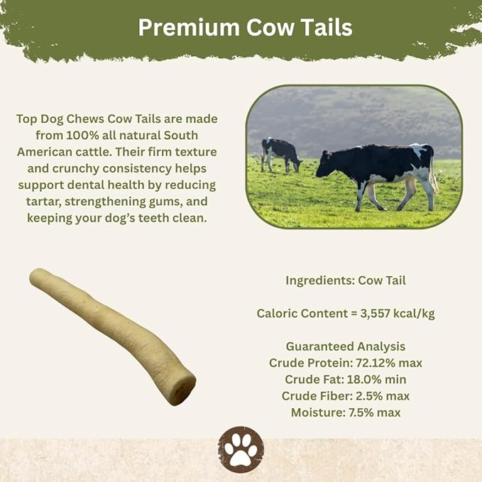 Top Dog Chews - 6 Inch Cow Tails, High-Protein Dog Treats, 100% Naturally Sourced Dog Chew from Free Range Grass-Fed Cattle, Beef Bull Puppy Treats (25 Pack)