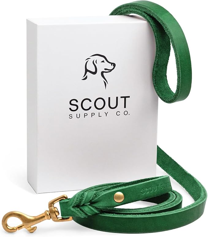 Scout Supply Classic Leather Dog Leash | Strong Heavy Duty Thick Full Grain Leather | Waterproof & Rust-Proof Brass Hardware (Green, L: 4.5 ft x 2/3 in)