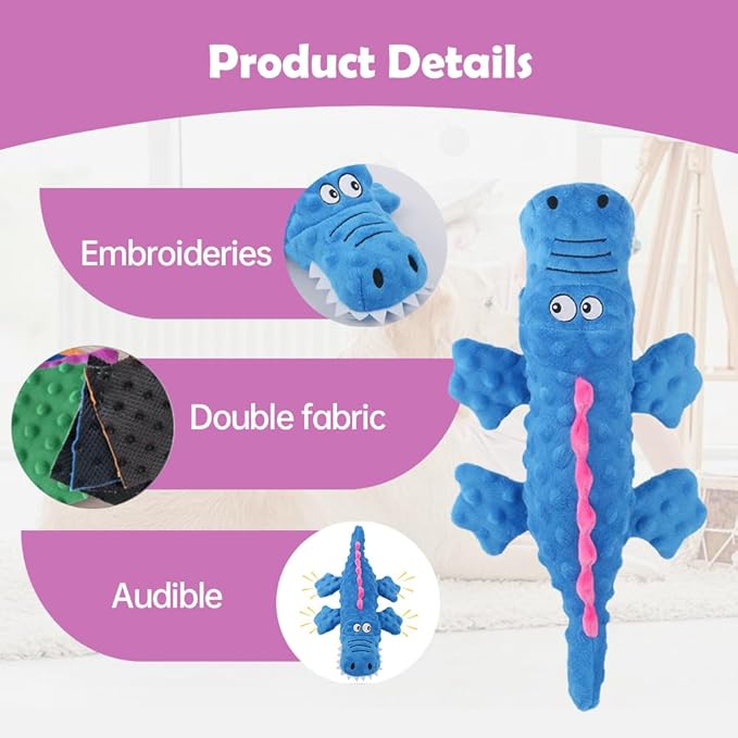 Indestructible Plush Dog Toy for Aggressive Chewers, Boredom Relief Squeaker Chew Toy with Double Fabric, Durable Crocodile Teething Toy for Large Medium Small Dogs (Blue)