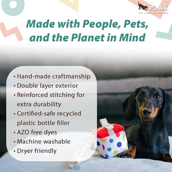 P.L.A.Y. Cute Plush Dog Toy - Birthday Party Celebration Themed Durable Squeaker Chew Toy, Great for Puppies & Small, Medium, Large Dog - Machine Washable, Recycled Material (Pawfect Present, X-Small)