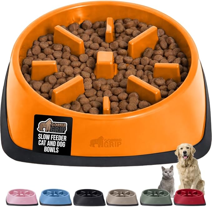 GORILLA GRIP Patented BPA Free Slow Feeder Dog Bowls, Interactive Puzzle Toy for Dogs and Cats Food Training Enrichment, Keeps Pets Busy and Prevents Puppy Overeating, All Breeds, 2 Cup, Orange