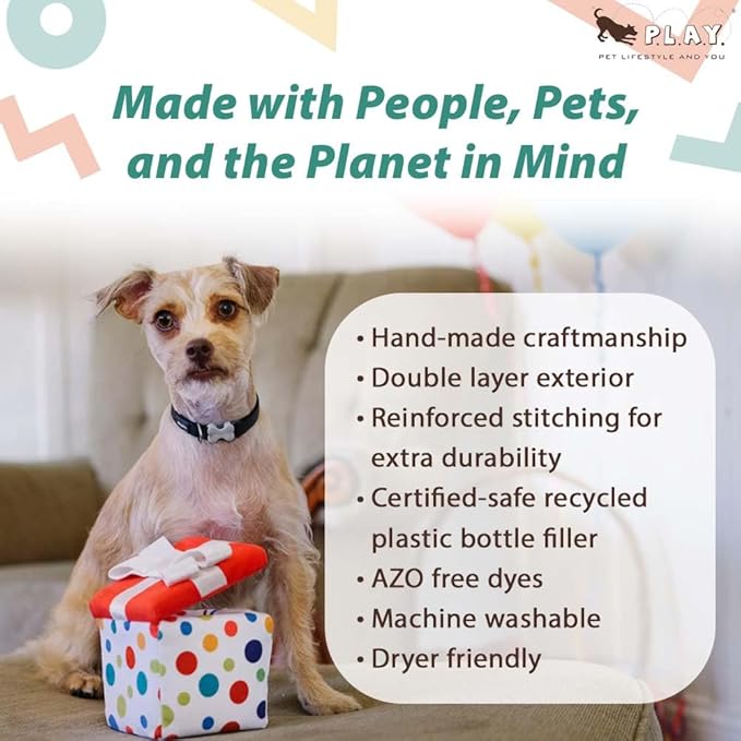 P.L.A.Y. Cute Plush Dog Toys - Birthday Party Celebration Themed Durable Squeaker Chew Toys, for Puppies & Small, Medium, Large Dogs - Machine Washable, Recycled Materials (5 Piece Set, Medium)