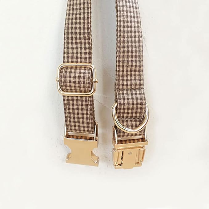 PETDURO Personalized Gingham Plaid Dog Collar Coffee - Engraved Name and Phone Number on Gold Metal Buckle - Custom for Small Medium Large Boy Girl Dogs - Add Leash Bow Tie via Customize Now