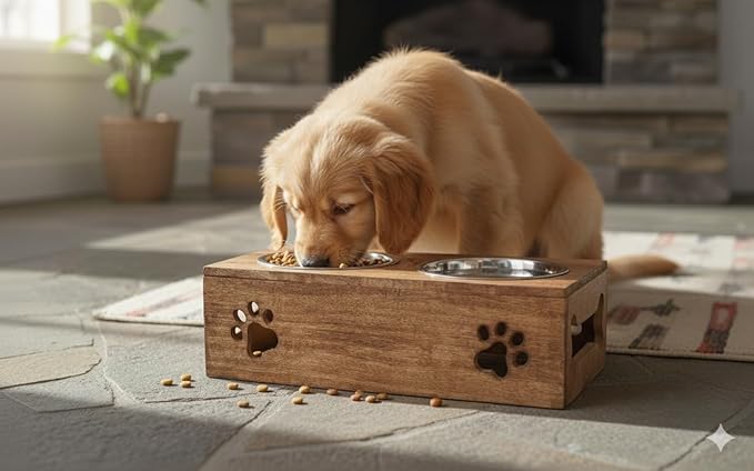 Paw Design Wooden Pet Feeder Station Stand with 2 Stainless Steel Bowls | Raised Dog Bowl Elevated Cat & Puppy Dining Table | 16 x 8.5 x 5 Inches