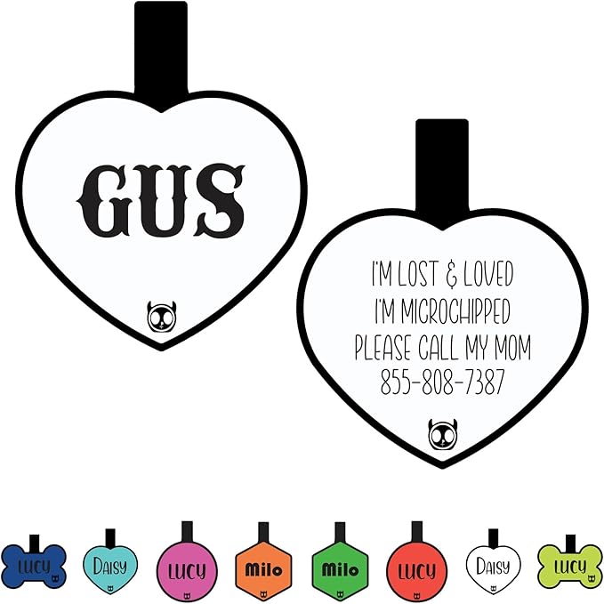 Silicone Silent Dog Tag Personalized with 5 Lines of Custom Deep Engraved Durable Soundless Pet ID Name Tag Heart White