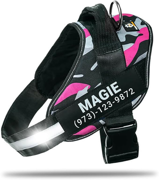 Personalized No-Pull Dog Harness with Name Patch, Adjustable, Reflective, Padded, Heavy Duty Pet Vest to Prevent Tugging, Pulling, or Choking, Training and Walking, Camouflage Pink, L