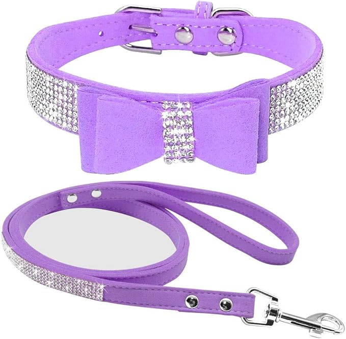 Cute Dazzling Sparkling Elegant Fancy Soft Suede Leather Bling Rhinestone Crystal Jeweled Pet Cat Dog Puppy Collar Dog Leash Combo Set (XS(Neck8-10), Purple-1)