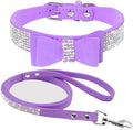 Cute Dazzling Sparkling Elegant Fancy Soft Suede Leather Bling Rhinestone Crystal Jeweled Pet Cat Dog Puppy Collar Dog Leash Combo Set (S(Neck 10-12.5"), Purple-1)