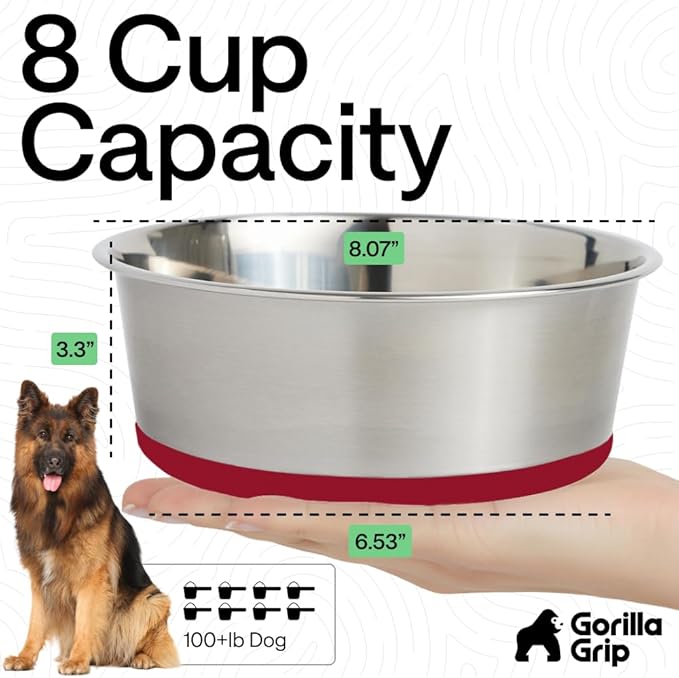 GORILLA GRIP Set of 2 Dog Bowls, Holds 8 Cups (64 fl oz), Heavy Duty Metal Food and Water Bowl for Feeding Dogs and Cats, Dishwasher Safe, Rust Resistant Stainless Steel, BPA Free Rubber Base, Red