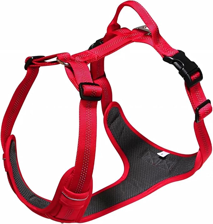 No Pull Dog Harness for Large Dogs, Adjustable, Reflective Breathable Padded Vest with 2 Metal Leash Clips and Handle for Control or Car Seatbelt Use, Red, L