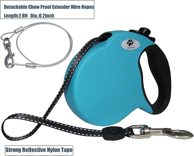 16ft Retractable Dog Leash for Medium Breed Dogs up to 44 lbs with a Detachable Chew Proof Extender Wire Ropes (Blue M)