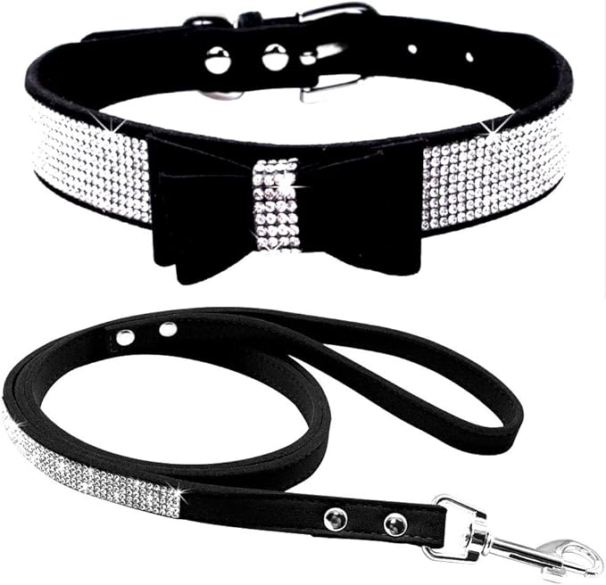 Cute Dazzling Sparkling Elegant Fancy Soft Suede Leather Bling Rhinestone Crystal Jeweled Pet Cat Dog Puppy Collar Dog Leash Combo Set (S(Neck 10-12.5"), Black-1)