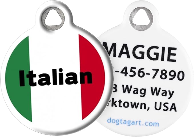 Dog Tag Art Italian Personalized Pet ID Tag for Dogs and Cats, Silent Polymer Coated Stainless Steel Nametag with Customized Idenification Information, Small .875" Diameter