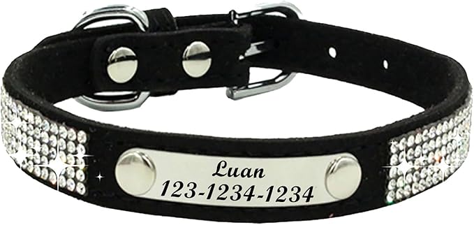 Personalized Dog Collar with Rhinestone Name Tag - Glitter Polyester Collar Adjustable [Black，M]