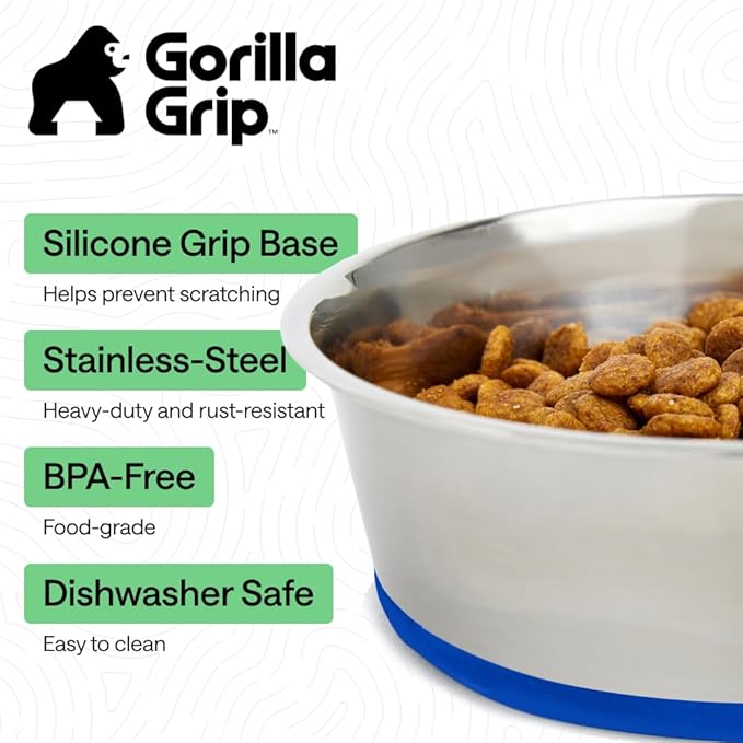 GORILLA GRIP Set of 2 Dog Bowls, Holds 6 Cups (48 fl oz), Heavy Duty Metal Food and Water Bowl for Feeding Dogs and Cats, Dishwasher Safe, Rust Resistant Stainless Steel, BPA Free Rubber Base, Blue