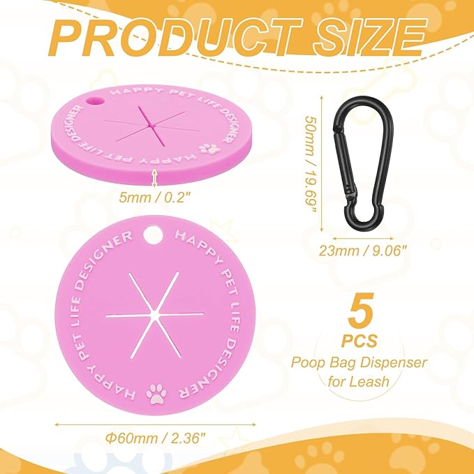 Dog Poop Bag Clip, Dog Poop Bag Holder Round for Dispenser Carrier Hands-Free Lightweight Durable PVC, (Purple, 5 Pcs), Intended for Leash/Pet Waste Bag