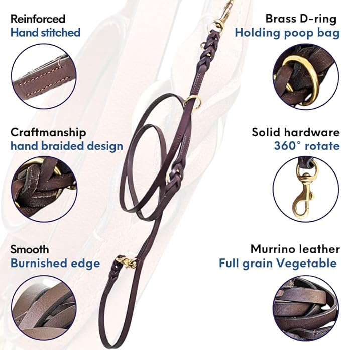 8 FT Multi-Function Leather Dog Leash, Genuine Leather Hands-Free Training Lead for Small Medium Large Dogs, Adjustable Long Leash for Walking, Hiking, Obedience Control (Dark Brown, 8 Ft)