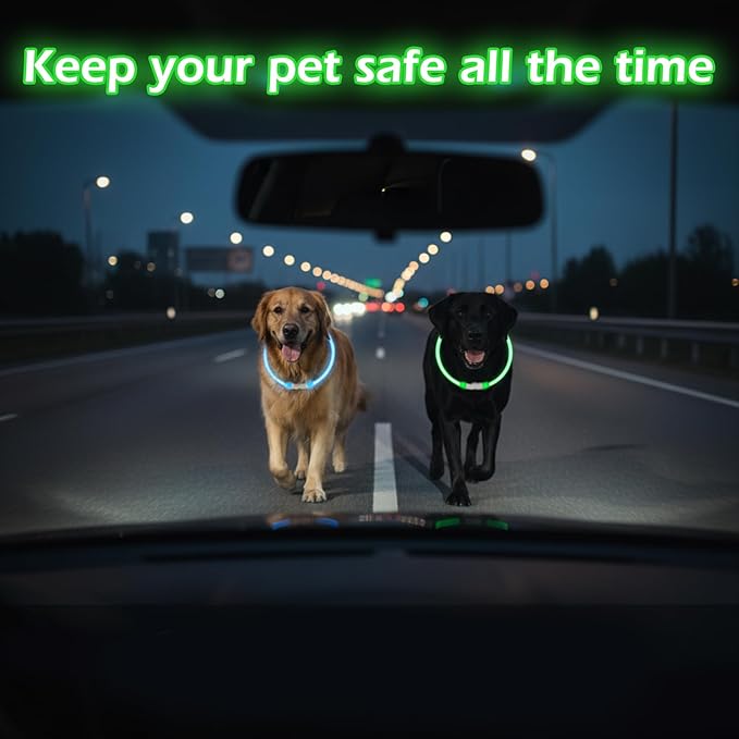 2-Pack Rechargeable Reflective Pet Gear LED Dog Collar Light Up, Flashing Glowing Illuminated Collar for Night Walking, Neon Pet Collar with Light for Small/Medium/Large Dogs (Green&Blue)