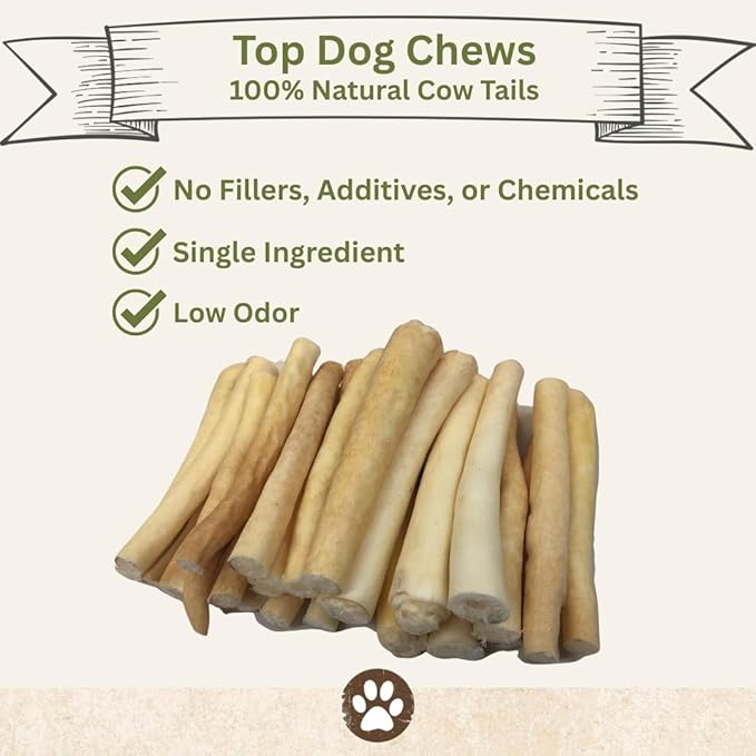 Top Dog Chews - 6 Inch Cow Tails, High-Protein Dog Treats, 100% Naturally Sourced Dog Chew from Free Range Grass-Fed Cattle, Beef Bull Puppy Treats (25 Pack)