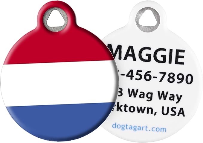Dog Tag Art Netherlands Flag Personalized European Flags Pet ID Tag for Dogs and Cats, Silent Polymer Coated Dutch Flag Dog Tag with Customized Identification Information - Large 1.25" Diameter