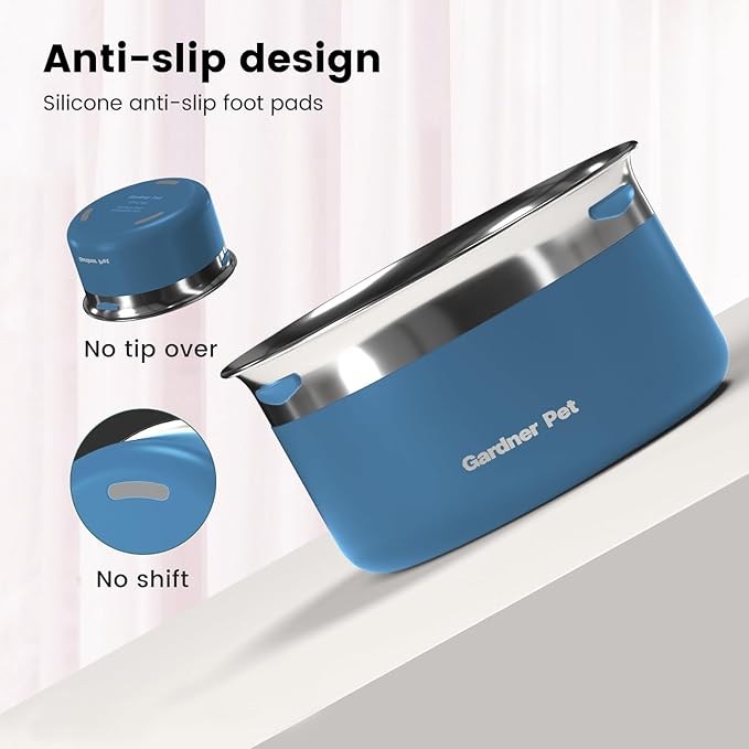 Gardner Pet Dog Bowls 1 Gallon (3.85L) Stainless Steel No Spill Dog Water Bowl, Slow Water Feeder Metal Bowls, Spill Proof Water Dispenser for Large Dogs, Promotes Healthy Hydration(Blue)