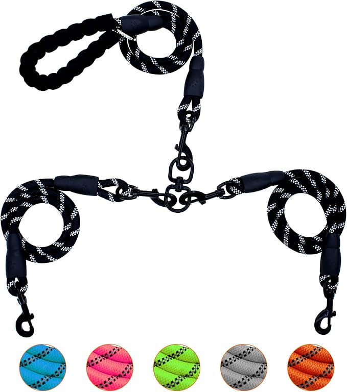 Two Dog Leash No Tangle Triple for 2 Dogs,360 Swivel No Tangle Walking Leash for 2 Dogs with Reflective for Large Medium Small Dogs (Black, 2 Way)