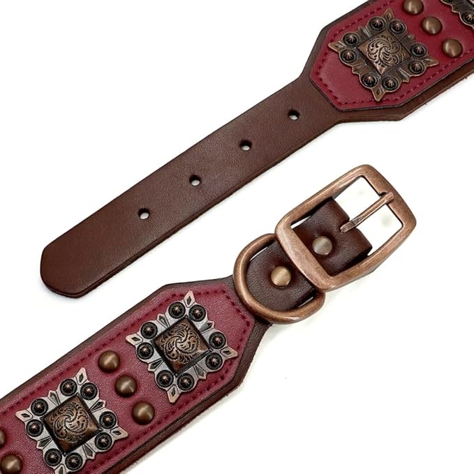 PET ARTIST Genuine Leather Dog Collar for Large Dogs, 2 inch Wide Dog Collar Leather with Rivet Studded & Metal Buckle, Soft Padded & Hand Made for Great Dane Rottweiler,Red,Neck 22-25"
