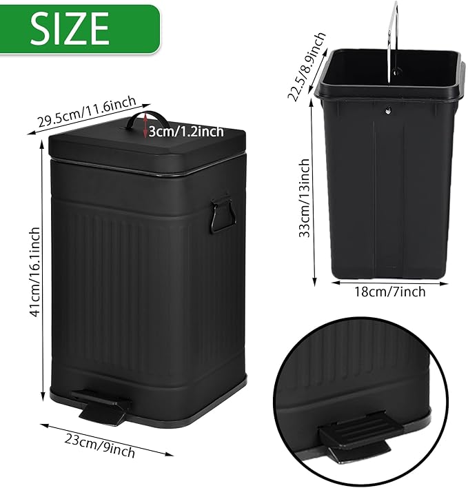Dog Poop Trash Can with Lid for Outdoors，3.2 Gallon Trash Can with Activated Carbon Filter & Plastic Bags, Pet Waste Container，UP12L-BK-F+90BK