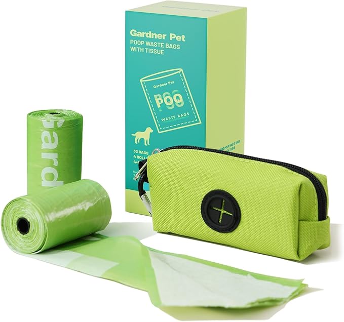 Gardner Pet Dog Poop Bags Rolls with Tissue, Pine Scented Poop Bags with Dispenser, Leak Proof Pet Waste Bags with Tissue Design, Reduce Touch Feeling, 4 Rolls-32 Counts