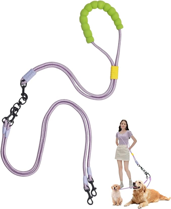 Double Dog Leash No Tangle, Adjustable Split Leads Dual Pet Walking Leash with Comfortable Padded Handle for Two Dogs, Hands - Free Dual Leashes for Small/Medium Pets (Purple, Double Leashes)