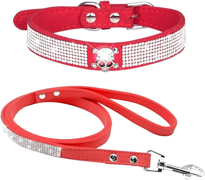 Cute Dazzling Sparkling Elegant Fancy Soft Suede Leather Bling Rhinestone Crystal Jeweled Pet Cat Dog Puppy Collar Dog Leash Combo Set (XS(Neck8-10), Red-5)