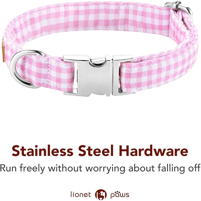 Lionet Paws Dog Collar with Bowtie, Comfortable Adjustable Cute Pink Gingham Bow Tie Collar for Female Dogs Gift, Large, Neck 16-24 inches