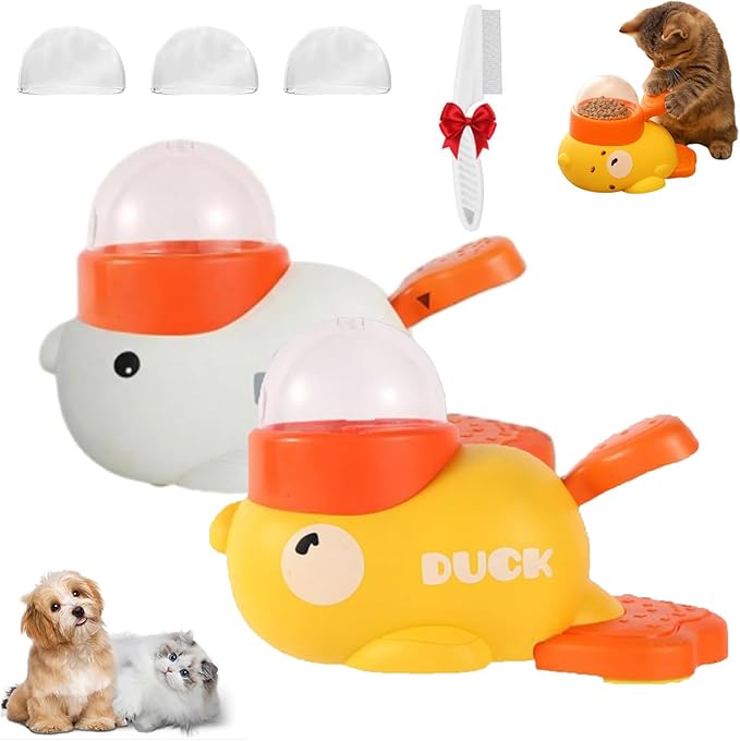 Dog Treat Dispenser Toy Interactive, Duck Cat Treat Dispenser, 2-in-1 Interactive Dogs Toys Food Puzzle Slow Feeder, Adjustable Slow Feeder for Dogs & Cats (White+Yellow)