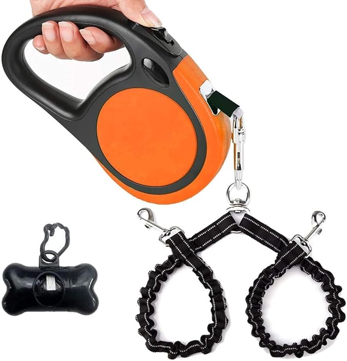 Dual Retractable Dog Leash Small Breed (Up to 110 Lbs Each) - Double Headed 16 ft Extendable Pet Leash with Poop Bags, Reflective Elastic Rope - One Key Control, 360° Tangle-Free (Orange, Large)