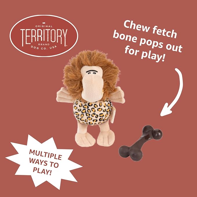 Territory Caveman 2-in-1 Chew Bone Dog Toy – Plush Squeaker & Removable Nylon Bone with Bacon Scent – Interactive Chew, Fetch & Search-and-Find Fun for Dogs – 6” Durable, Recycled Materials